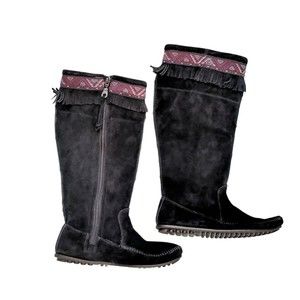 Minnetonka Women's Knee High Suede Leather Moccasin Boot - Black Size 9 - Fringe